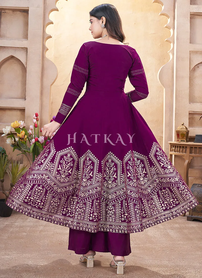 Plum Purple Mirror Work Anarkali Palazzo Suit