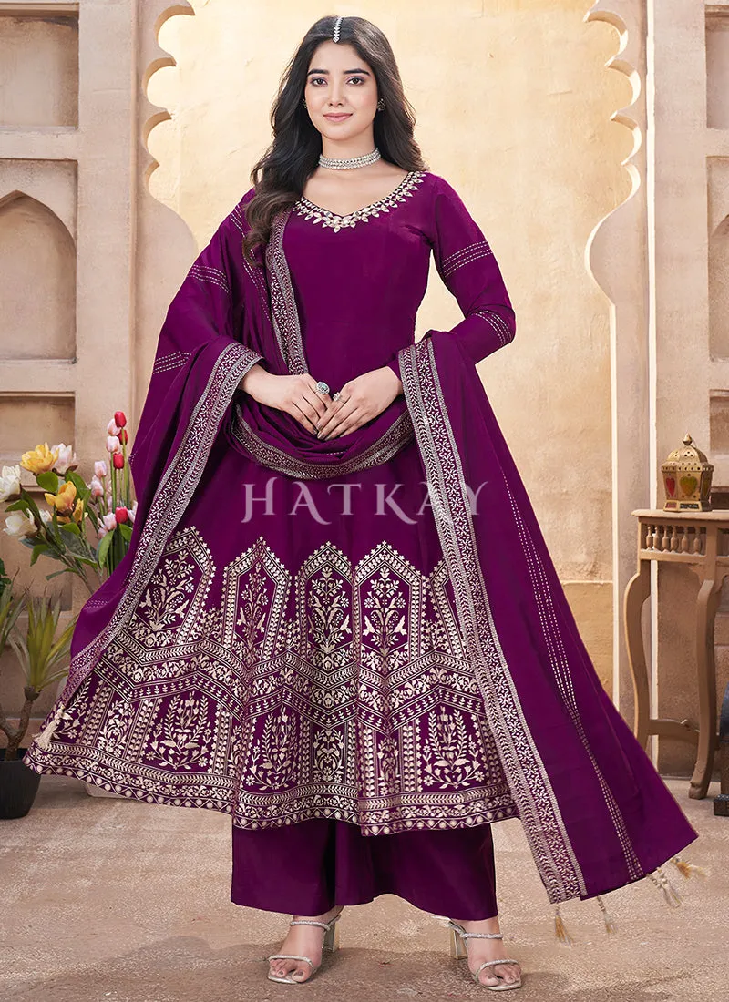 Plum Purple Mirror Work Anarkali Palazzo Suit