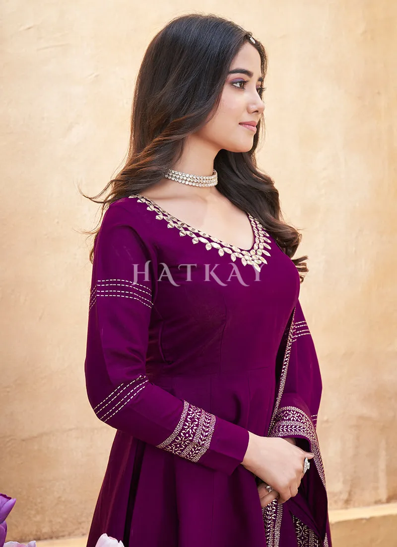 Plum Purple Mirror Work Anarkali Palazzo Suit