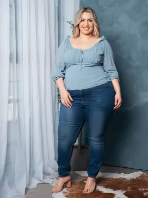 PLUS SIZE 3/4 SLEEVE SMOCK FRONT TIE TOP