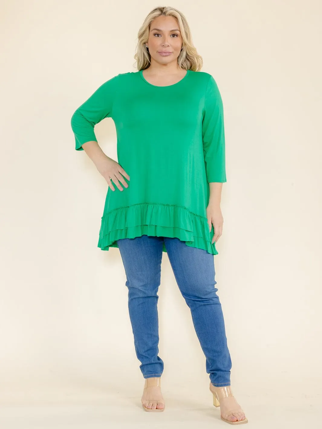 PLUS SIZE 3/4 SLEEVES RUFFLE BOTTOM HEM TUNIC HIGH-LOW TOP