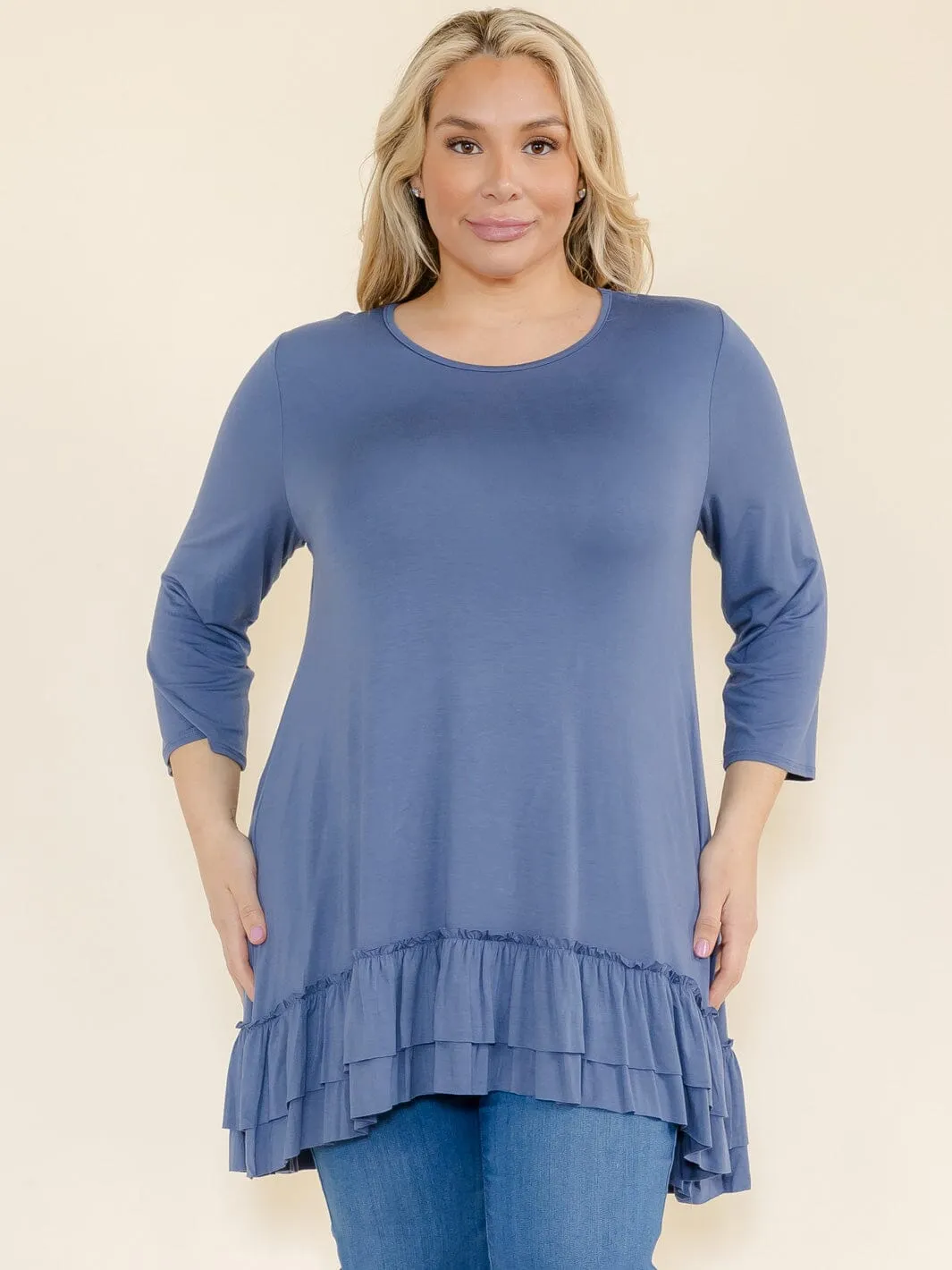 PLUS SIZE 3/4 SLEEVES RUFFLE BOTTOM HEM TUNIC HIGH-LOW TOP
