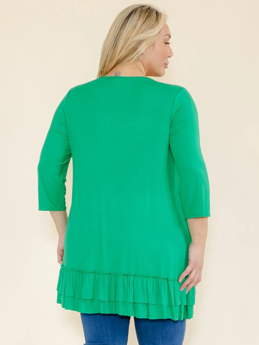 PLUS SIZE 3/4 SLEEVES RUFFLE BOTTOM HEM TUNIC HIGH-LOW TOP