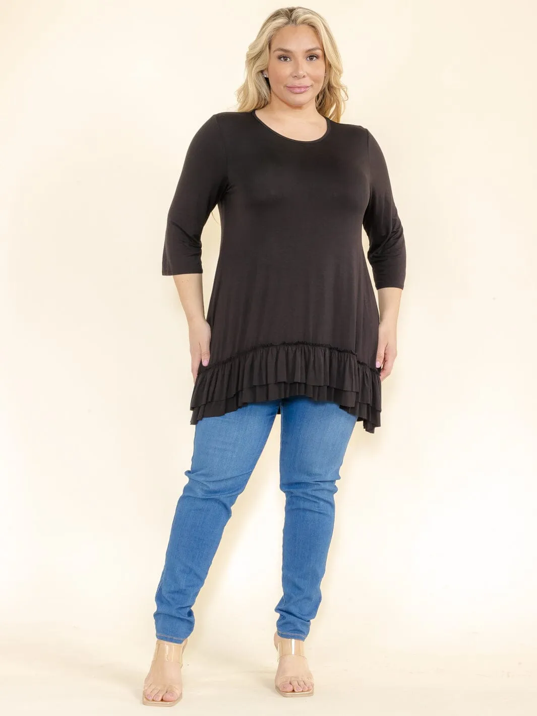 PLUS SIZE 3/4 SLEEVES RUFFLE BOTTOM HEM TUNIC HIGH-LOW TOP