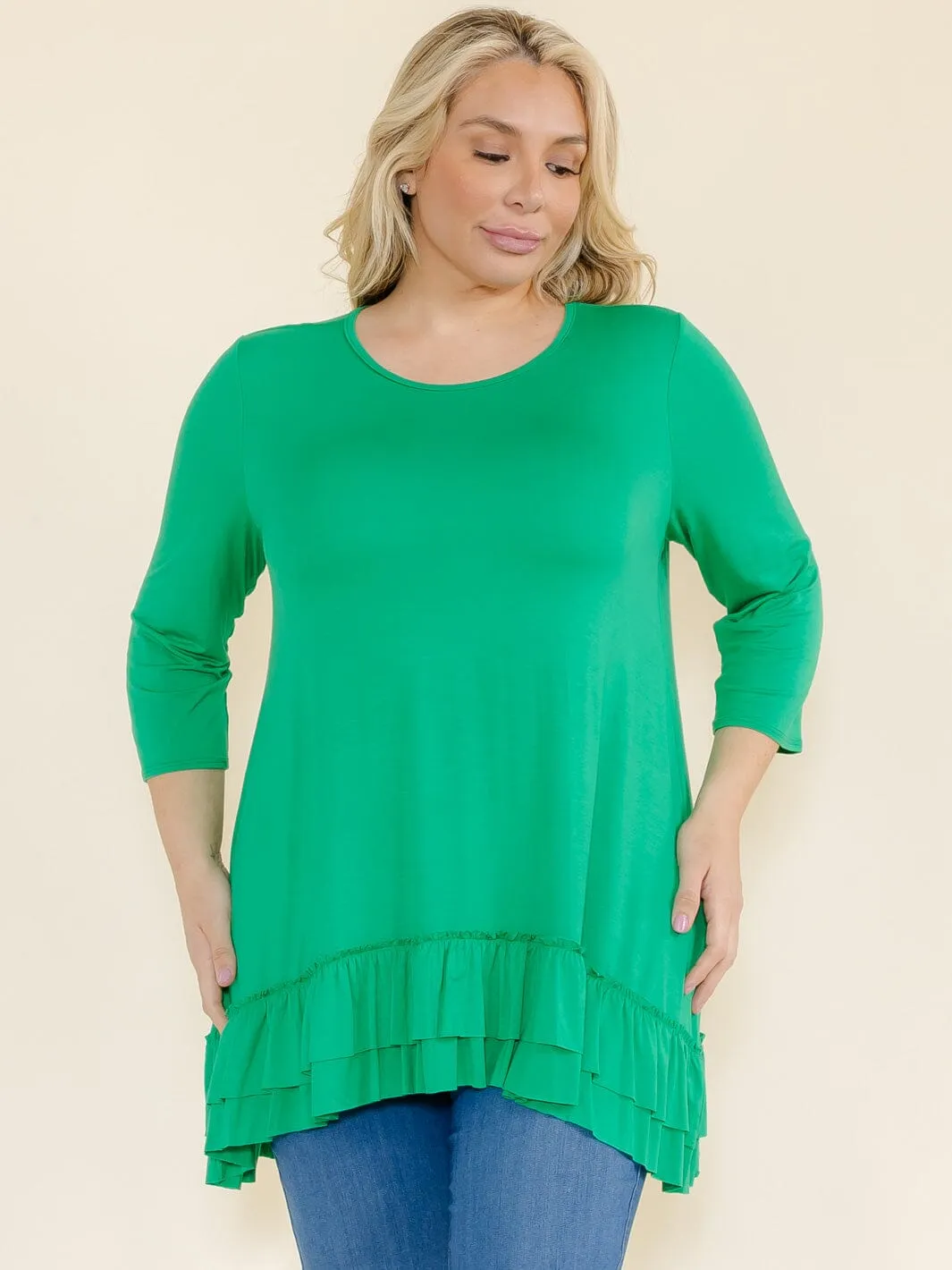 PLUS SIZE 3/4 SLEEVES RUFFLE BOTTOM HEM TUNIC HIGH-LOW TOP