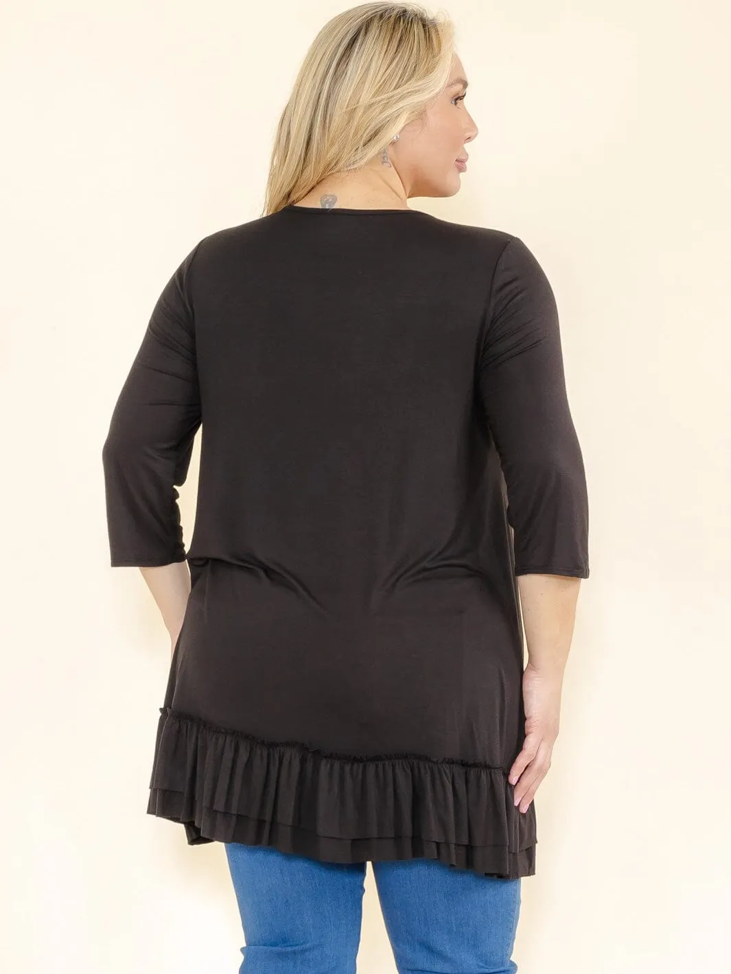 PLUS SIZE 3/4 SLEEVES RUFFLE BOTTOM HEM TUNIC HIGH-LOW TOP