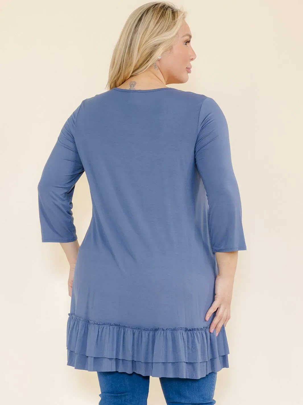 PLUS SIZE 3/4 SLEEVES RUFFLE BOTTOM HEM TUNIC HIGH-LOW TOP