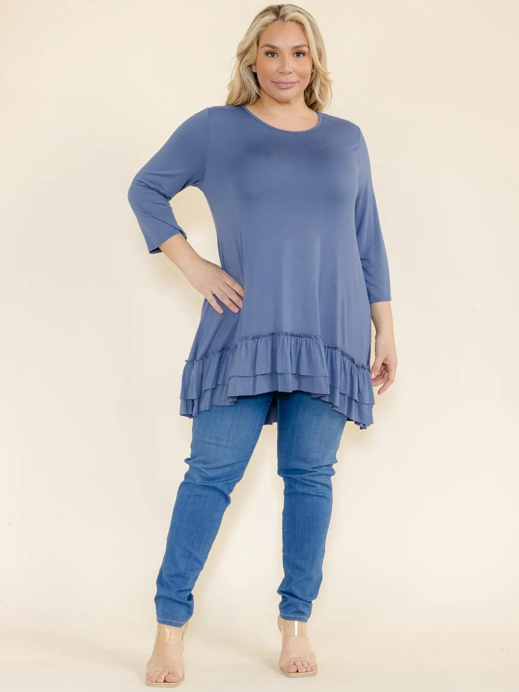PLUS SIZE 3/4 SLEEVES RUFFLE BOTTOM HEM TUNIC HIGH-LOW TOP