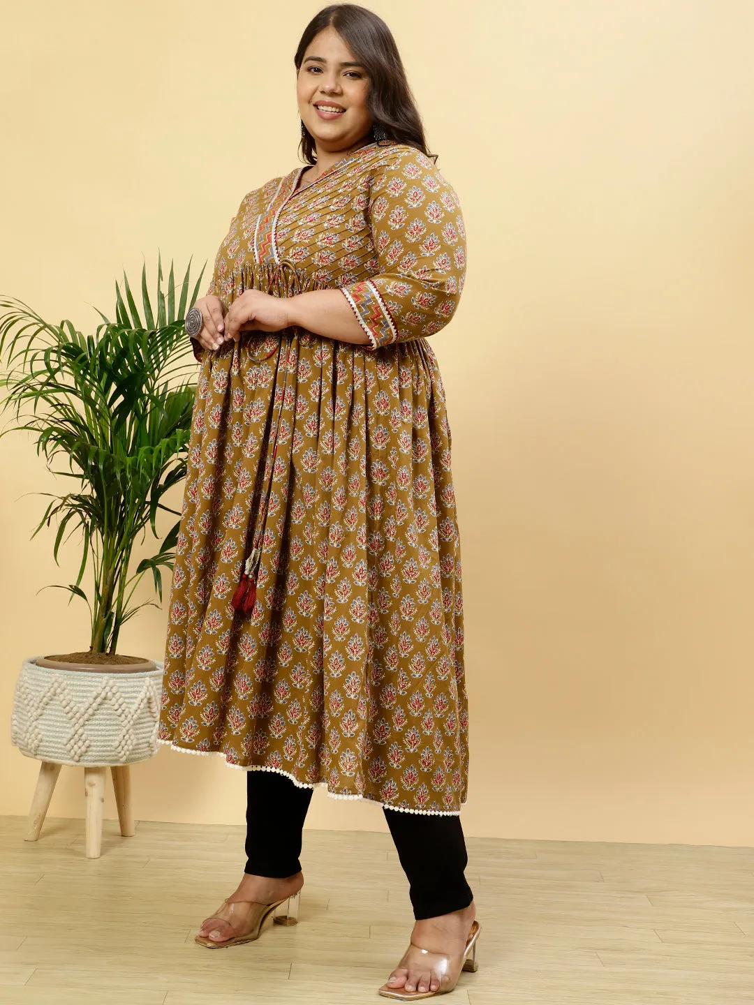 Plus Size Brown Ethnic Printed Anarkali Kurta