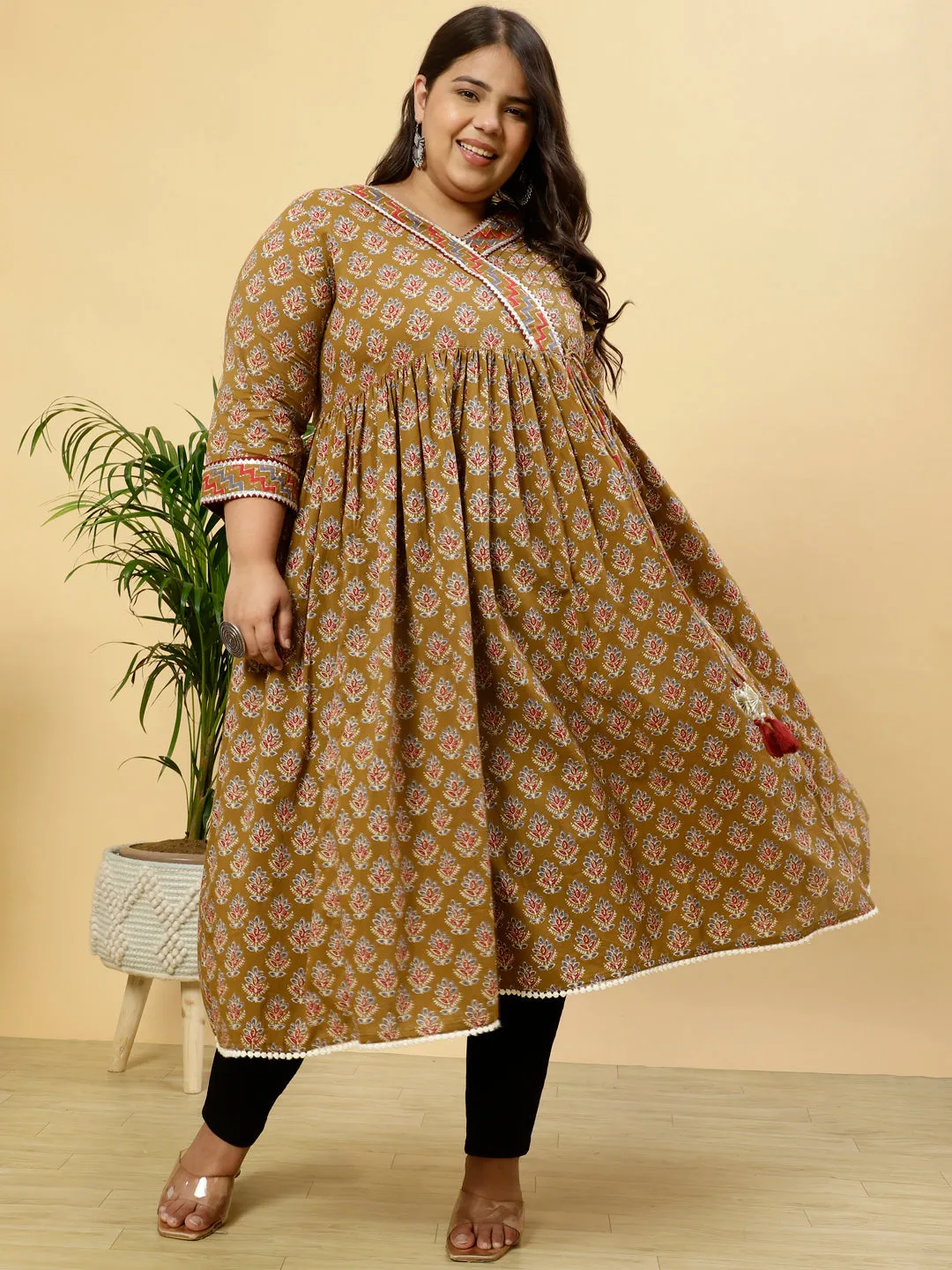 Plus Size Brown Ethnic Printed Anarkali Kurta