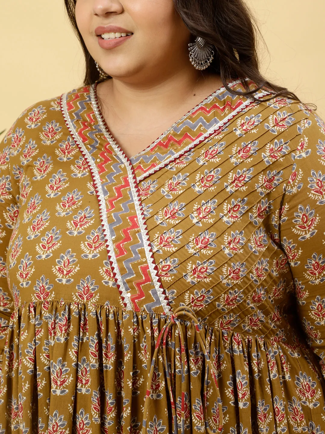 Plus Size Brown Ethnic Printed Anarkali Kurta