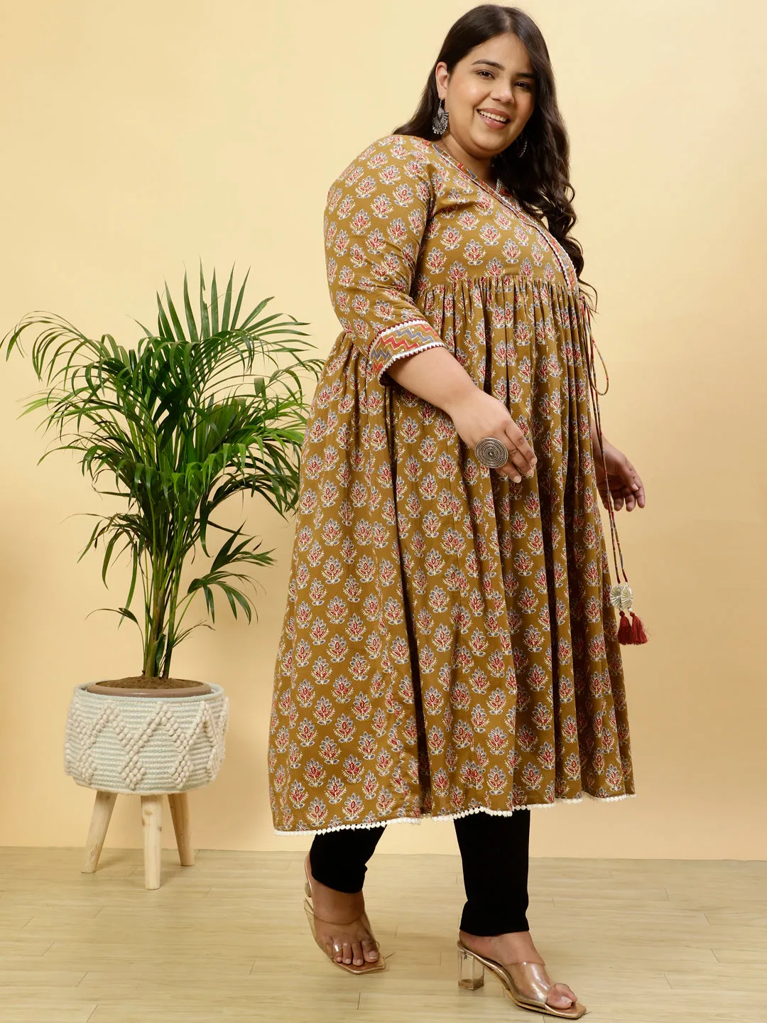 Plus Size Brown Ethnic Printed Anarkali Kurta