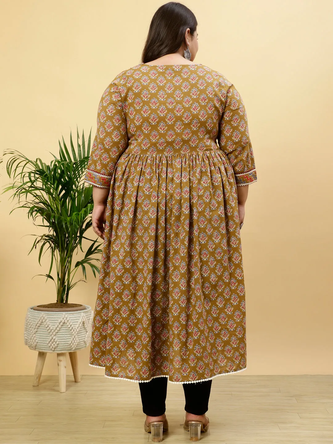 Plus Size Brown Ethnic Printed Anarkali Kurta
