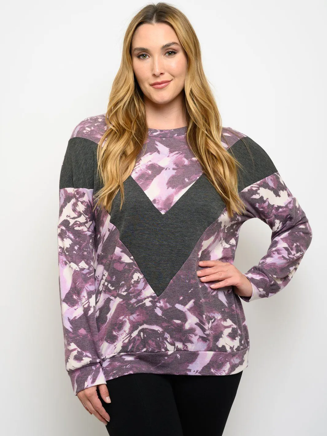 PLUS SIZE CHEVRON LONG SLEEVE TOP