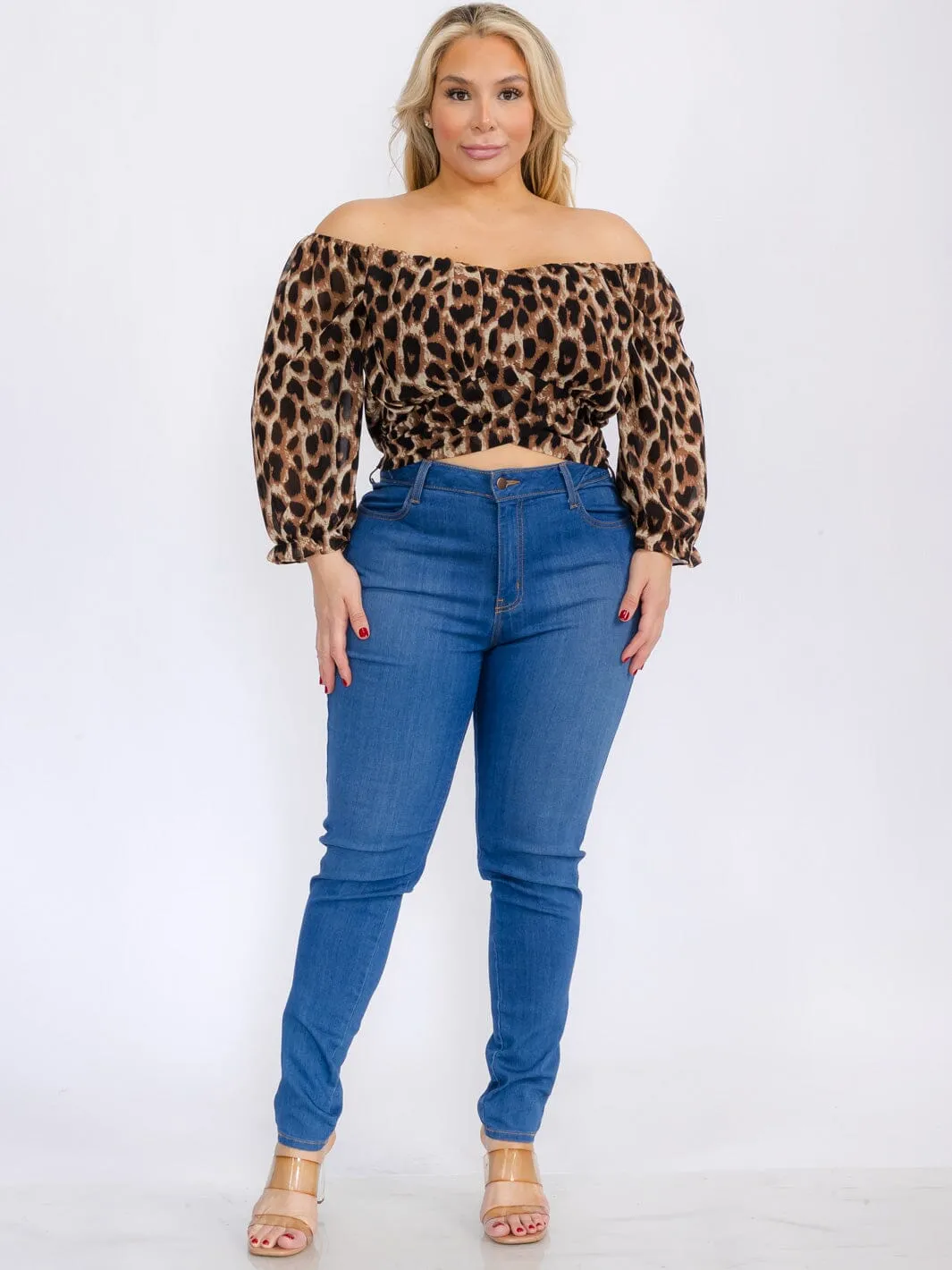 PLUS SIZE LONG SLEEVE SELF TIE ANIMAL PRINT CROP TOP