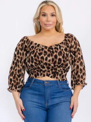 PLUS SIZE LONG SLEEVE SELF TIE ANIMAL PRINT CROP TOP