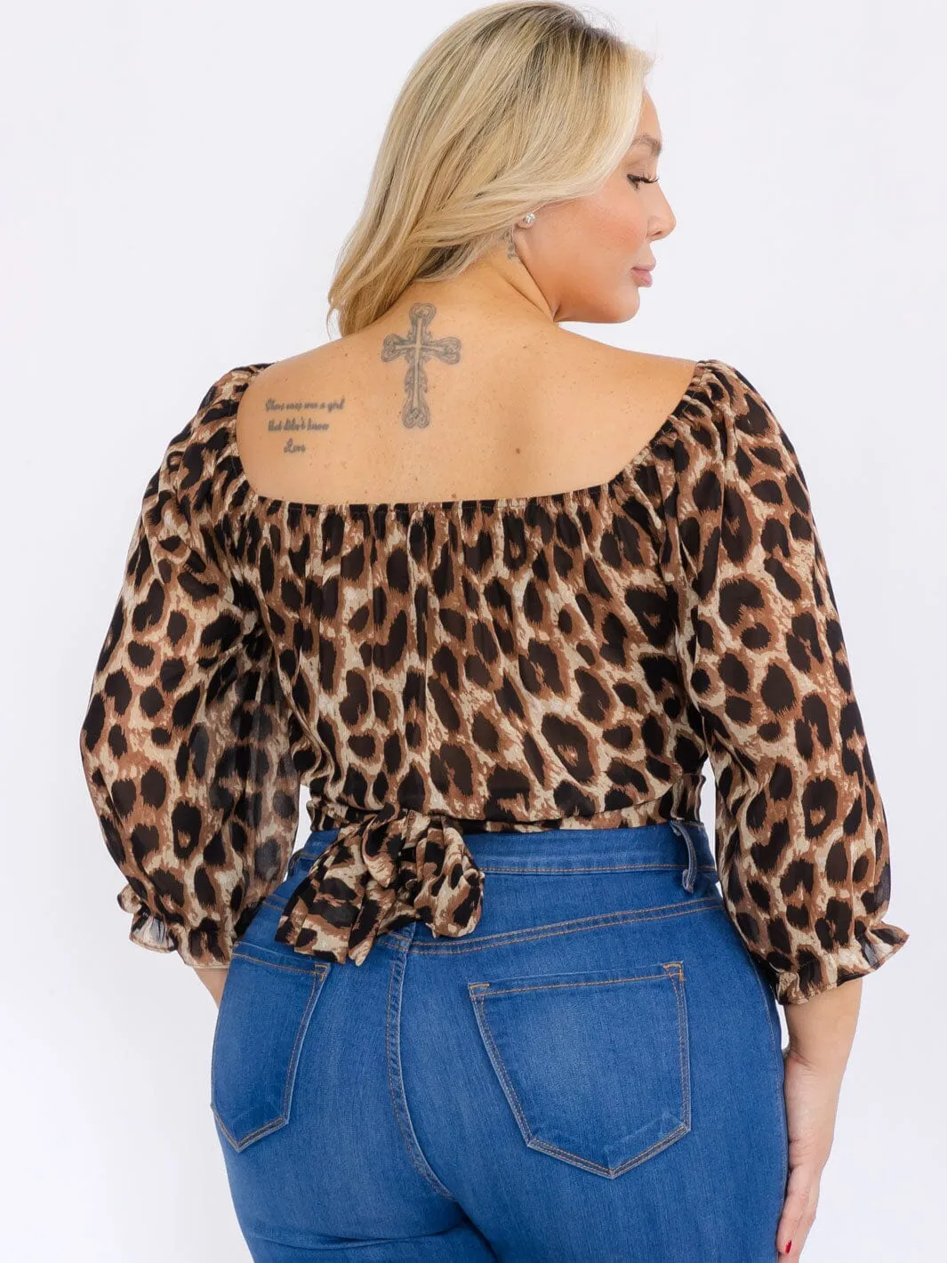 PLUS SIZE LONG SLEEVE SELF TIE ANIMAL PRINT CROP TOP