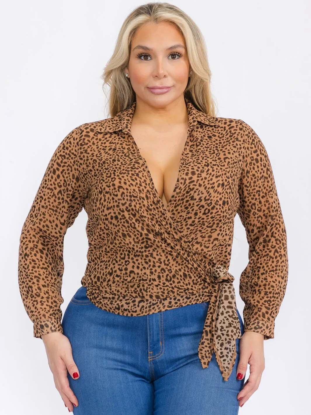 PLUS SIZE LONG SLEEVE SELF TIE ANIMAL PRINT WRAP TOP