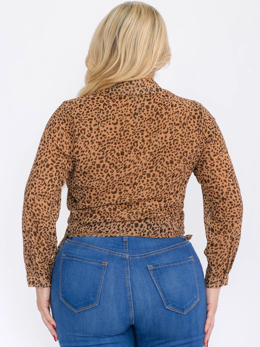 PLUS SIZE LONG SLEEVE SELF TIE ANIMAL PRINT WRAP TOP