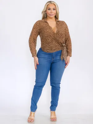 PLUS SIZE LONG SLEEVE SELF TIE ANIMAL PRINT WRAP TOP