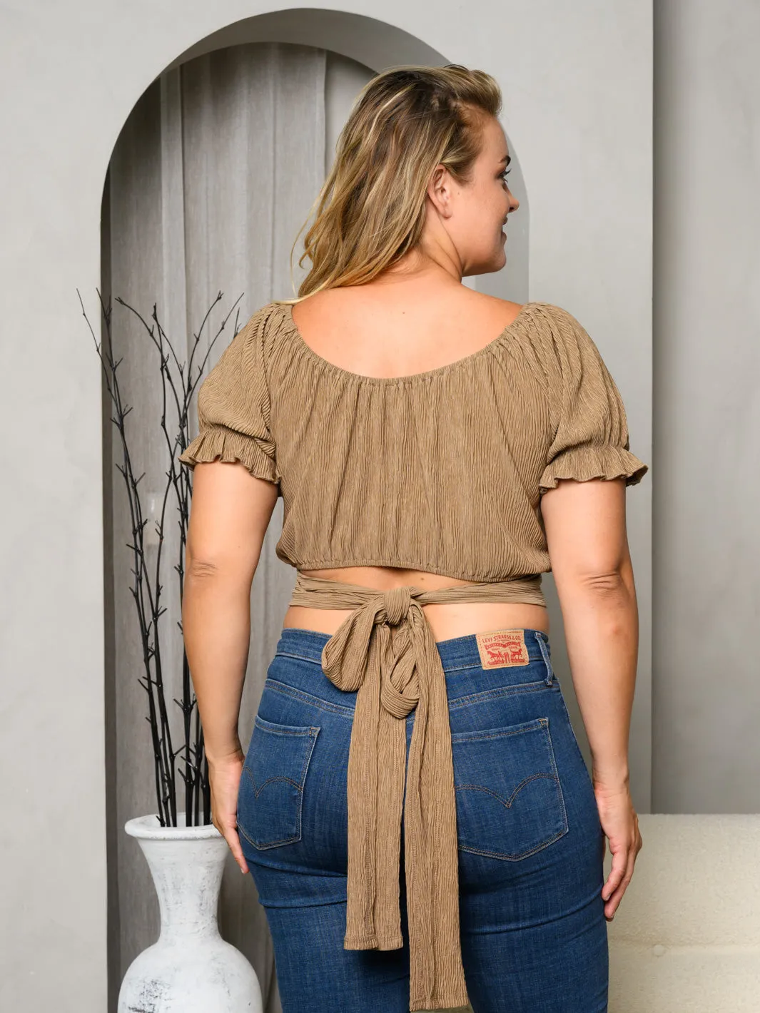 PLUS SIZE SHORT PUFF SLEEVE BACK TIE CROP TOP
