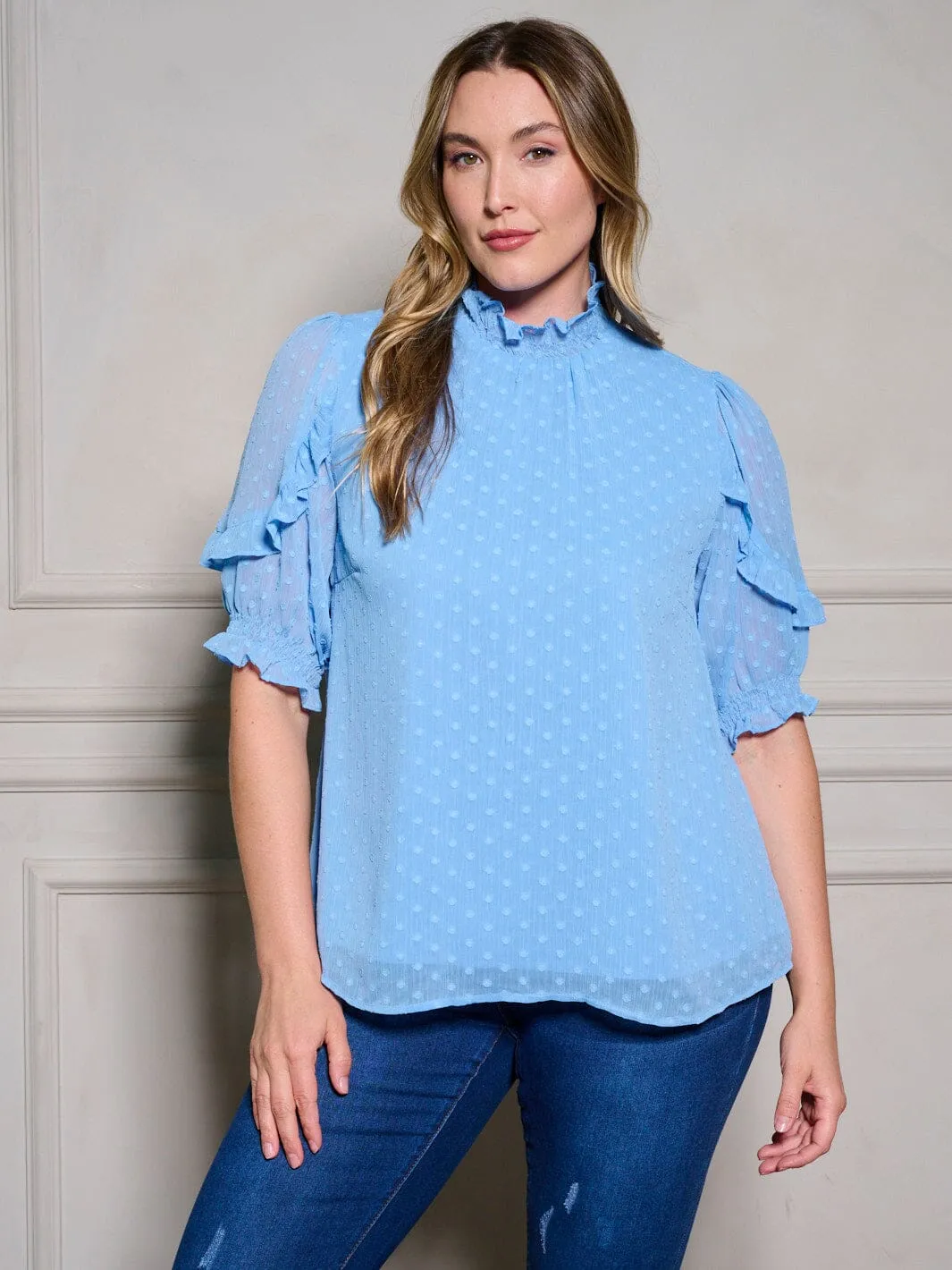 PLUS SIZE SHORT RUFFLE SLEEVE MOCK NECK SWISS DOTS BLOUSE TOP