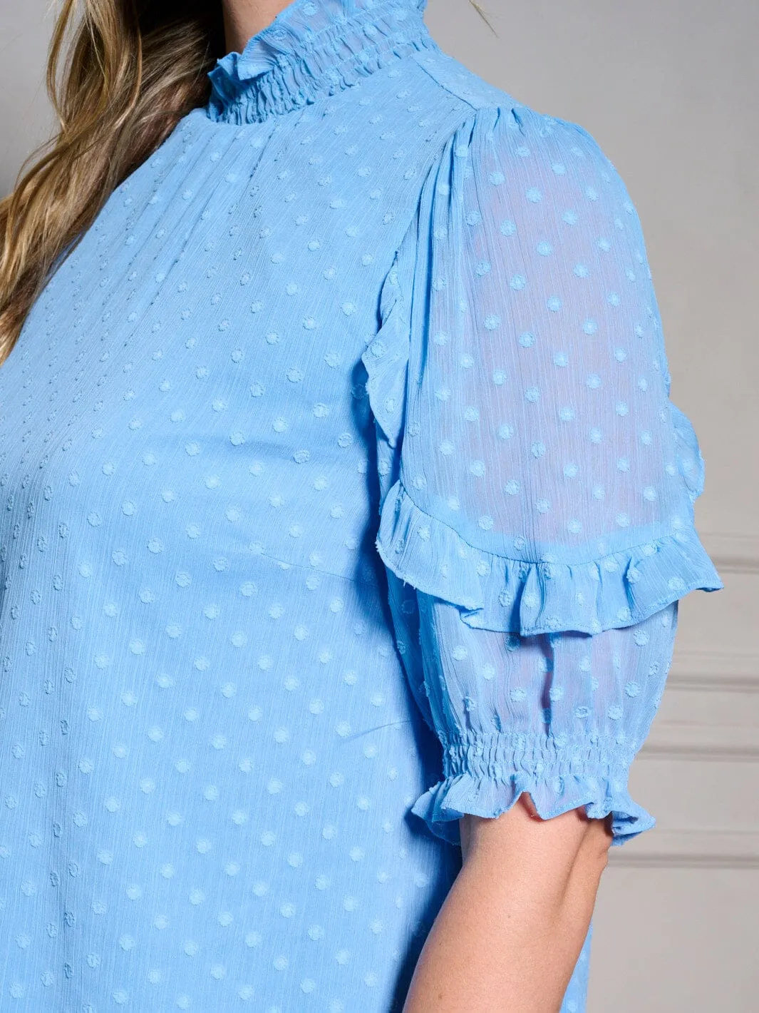 PLUS SIZE SHORT RUFFLE SLEEVE MOCK NECK SWISS DOTS BLOUSE TOP
