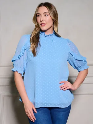 PLUS SIZE SHORT RUFFLE SLEEVE MOCK NECK SWISS DOTS BLOUSE TOP