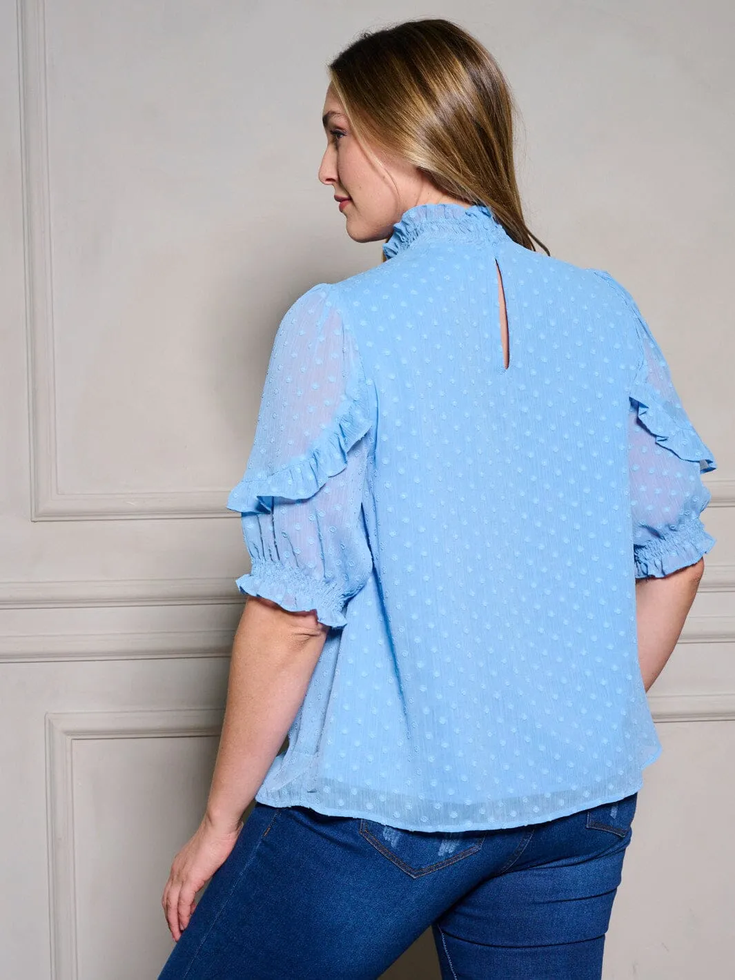 PLUS SIZE SHORT RUFFLE SLEEVE MOCK NECK SWISS DOTS BLOUSE TOP