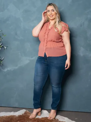 PLUS SIZE SHORT SLEEVE RUFFLE BUTTON UP ELASTIC WAIST BLOUSE TOP