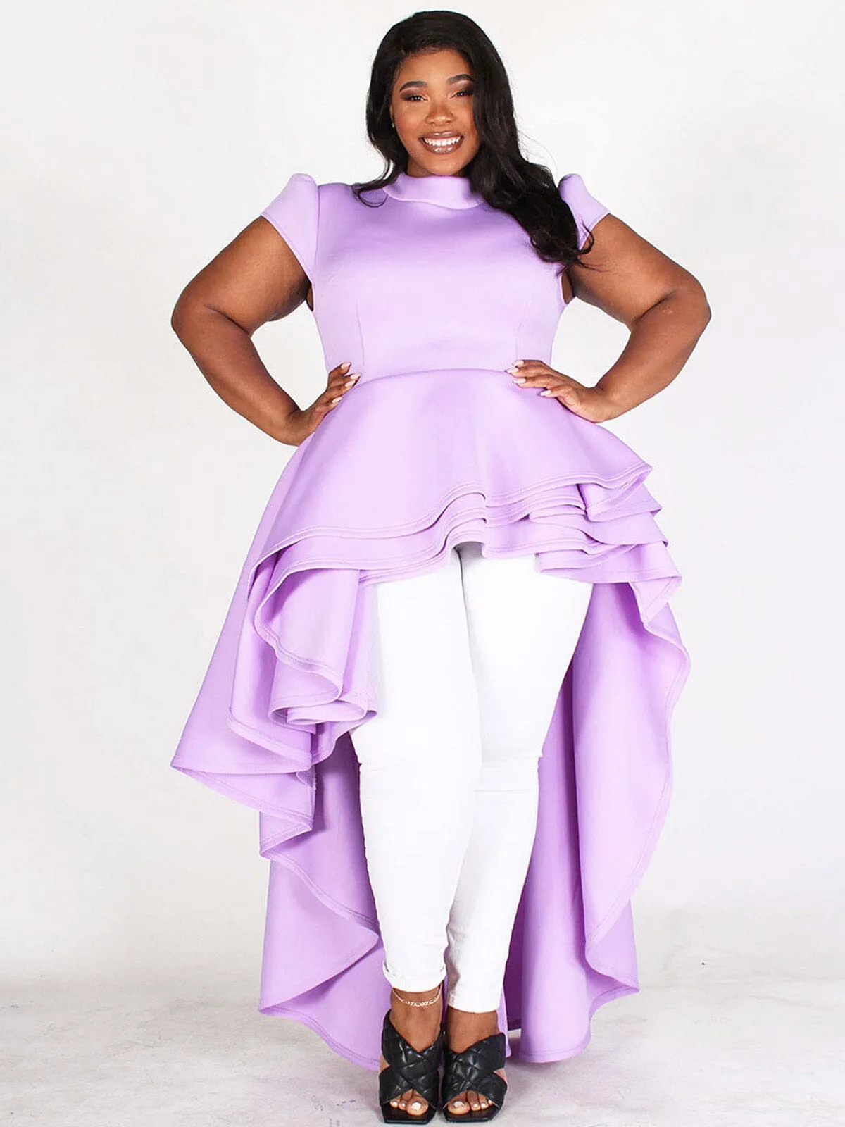 PLUS SIZE SHORT SLEEVES RUFFLE HIGH-LOW TOP/DRESS