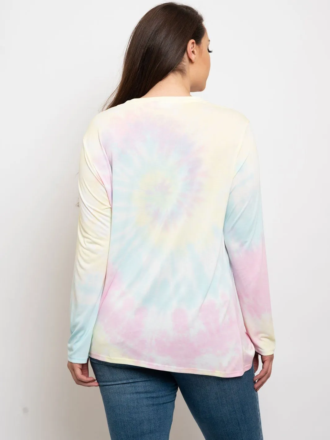 PLUS SIZE TIE DYE FRONT KNOT LONG SLEEVE TOP
