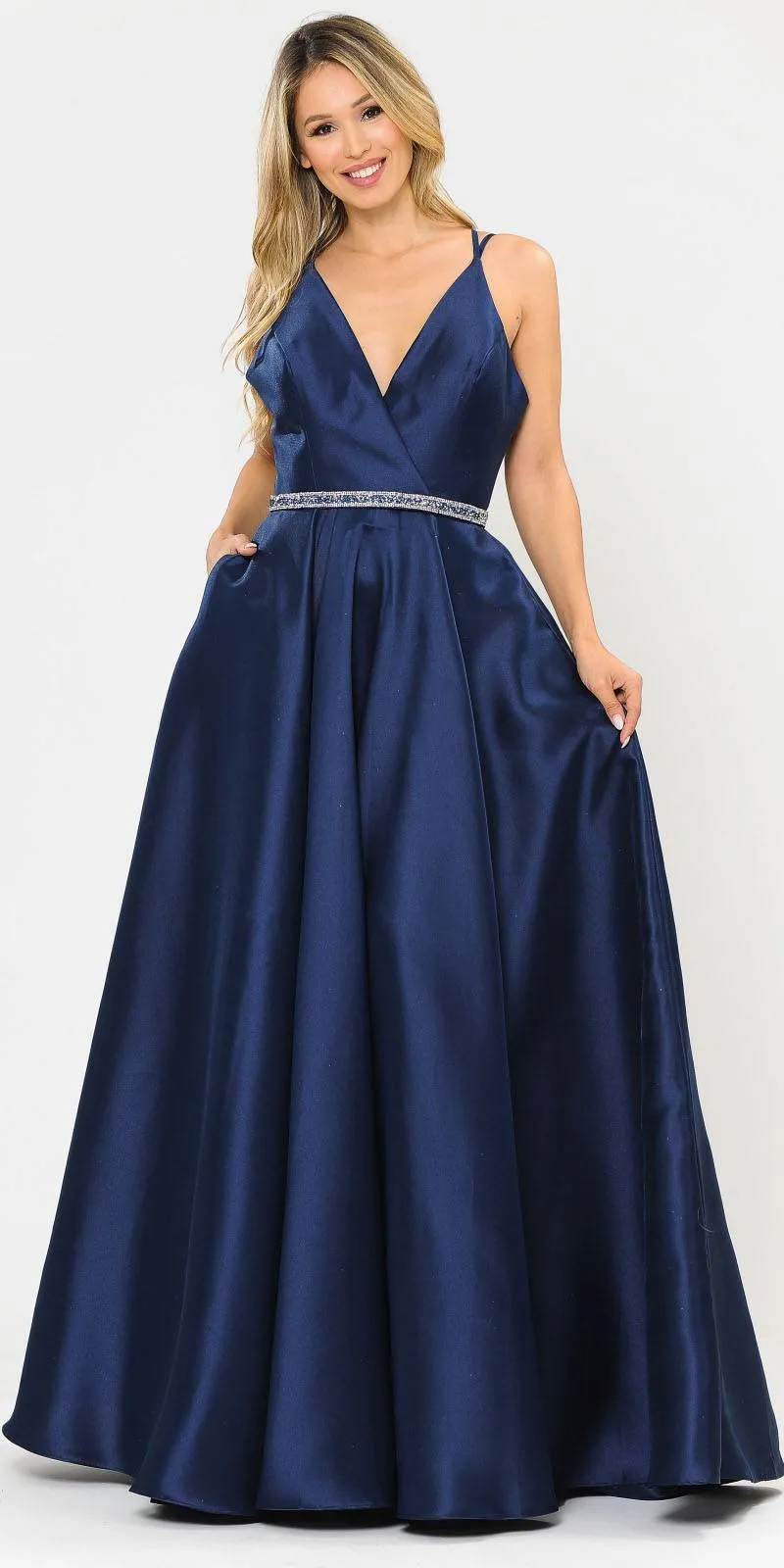 Poly USA 8690 V-Neck Long Mikado Dress with Pockets