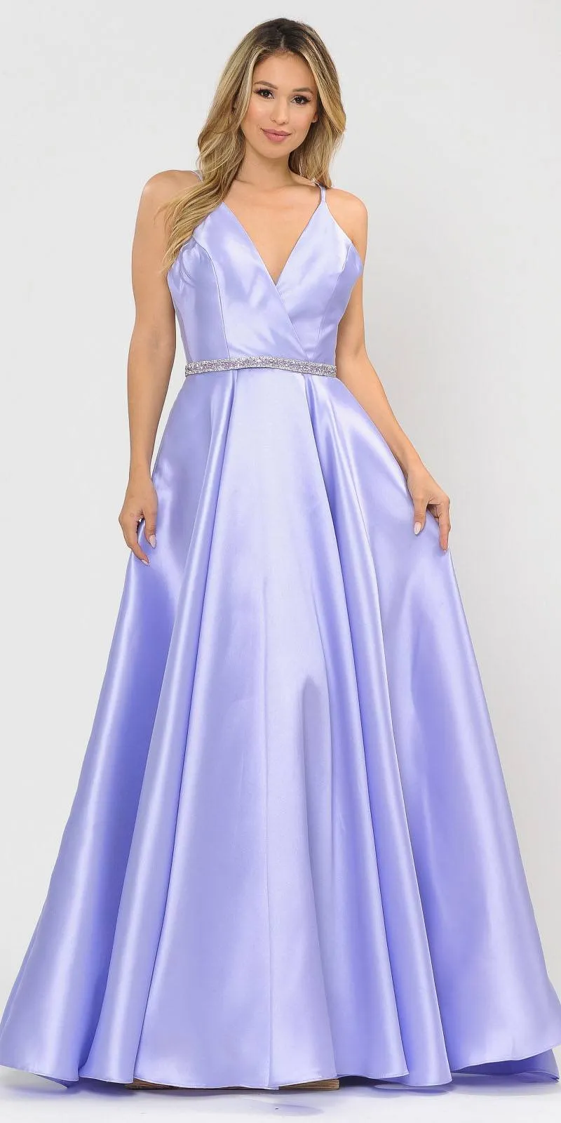 Poly USA 8690 V-Neck Long Mikado Dress with Pockets