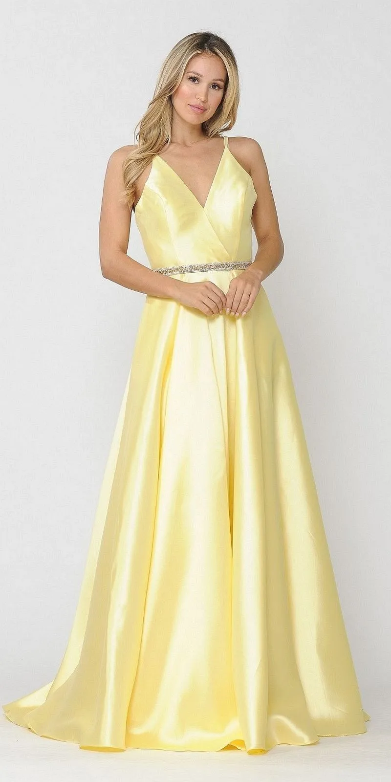 Poly USA 8690 V-Neck Long Mikado Dress with Pockets