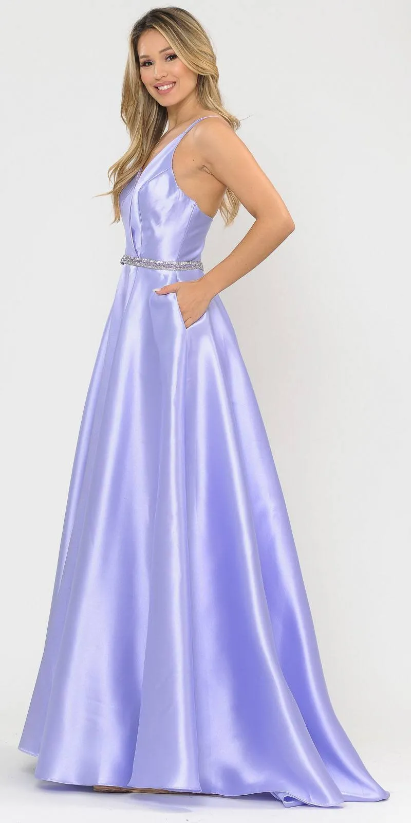 Poly USA 8690 V-Neck Long Mikado Dress with Pockets