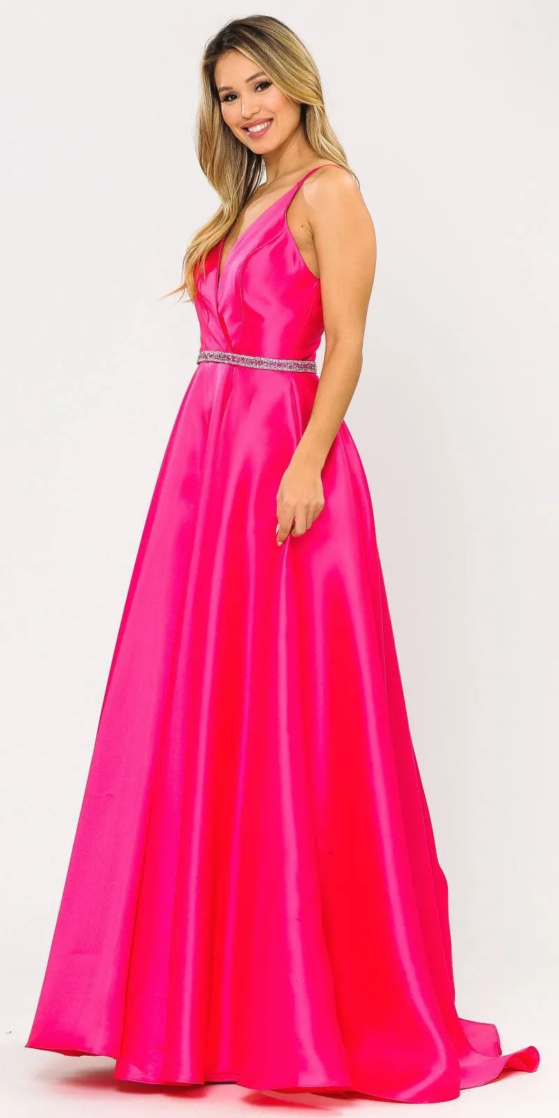 Poly USA 8690 V-Neck Long Mikado Dress with Pockets