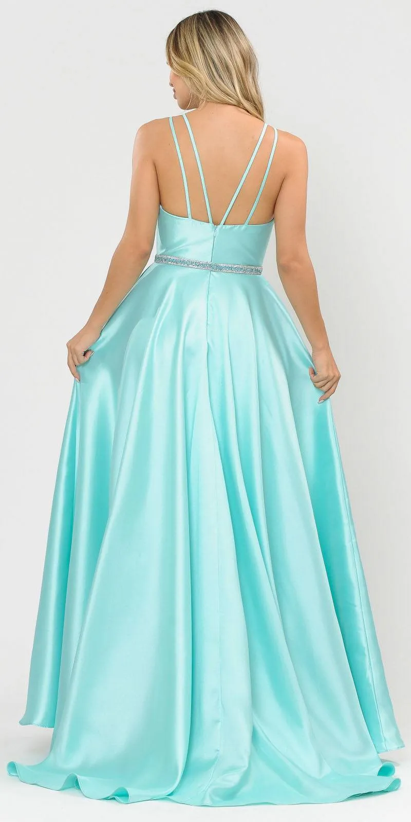 Poly USA 8690 V-Neck Long Mikado Dress with Pockets