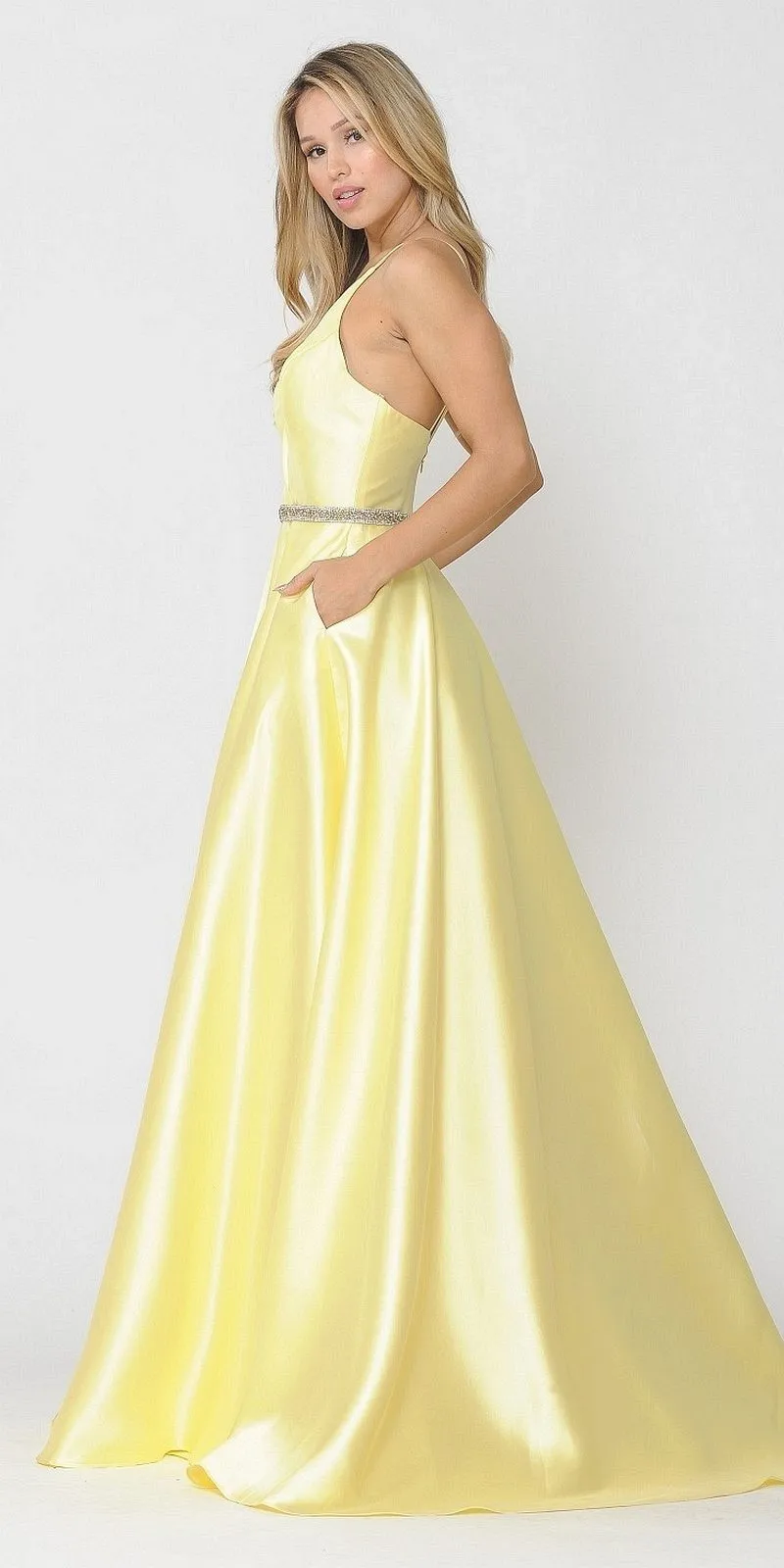 Poly USA 8690 V-Neck Long Mikado Dress with Pockets