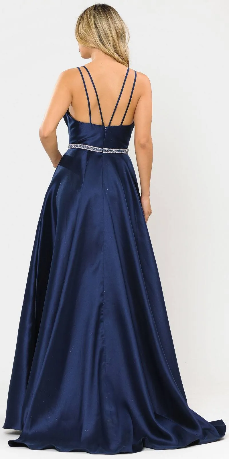 Poly USA 8690 V-Neck Long Mikado Dress with Pockets