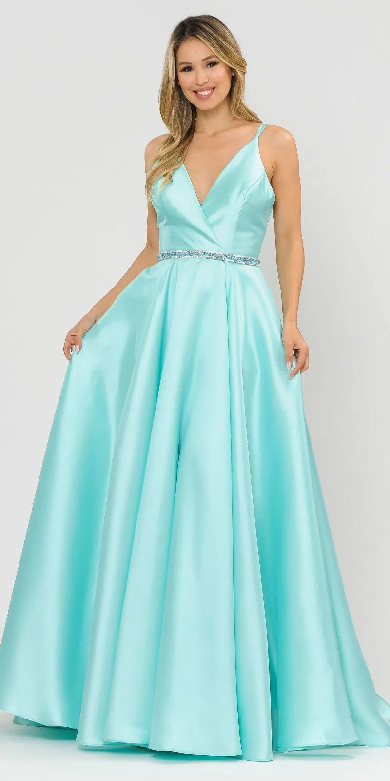Poly USA 8690 V-Neck Long Mikado Dress with Pockets
