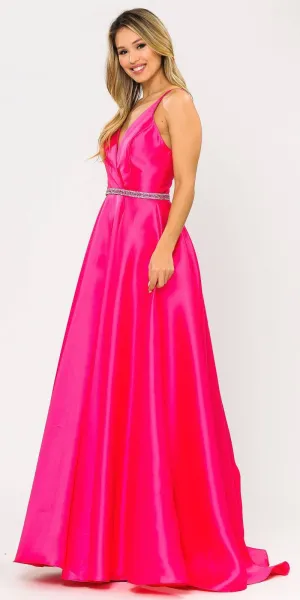 Poly USA 8690 V-Neck Long Mikado Dress with Pockets