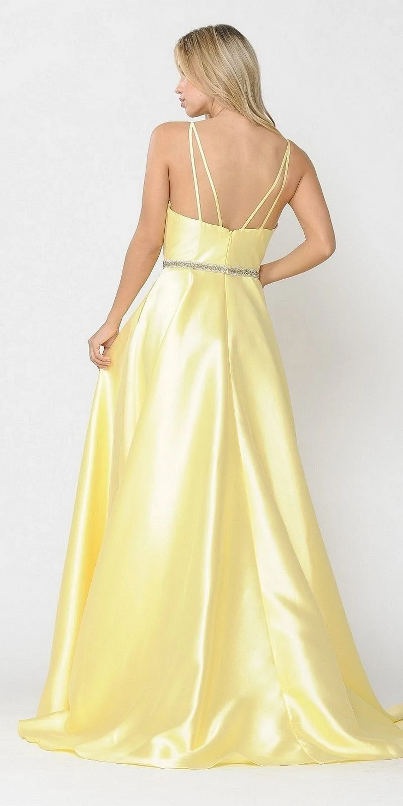 Poly USA 8690 V-Neck Long Mikado Dress with Pockets