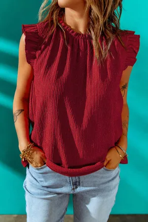 Priscilla Textured Flutter Sleeve Frill Neck Blouse