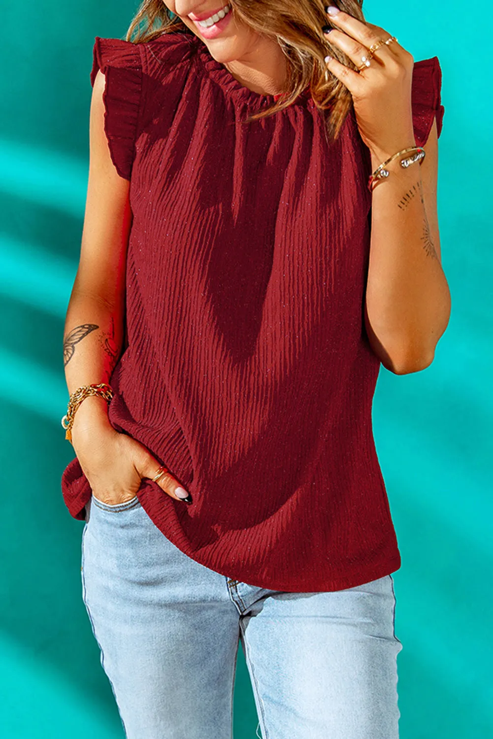 Priscilla Textured Flutter Sleeve Frill Neck Blouse