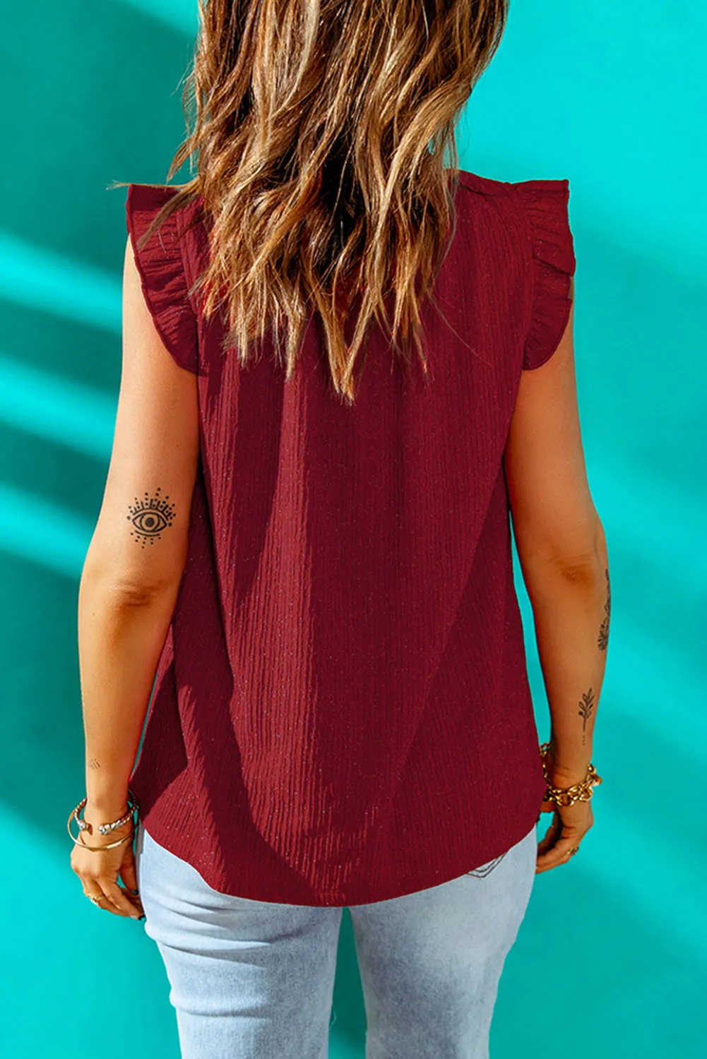 Priscilla Textured Flutter Sleeve Frill Neck Blouse