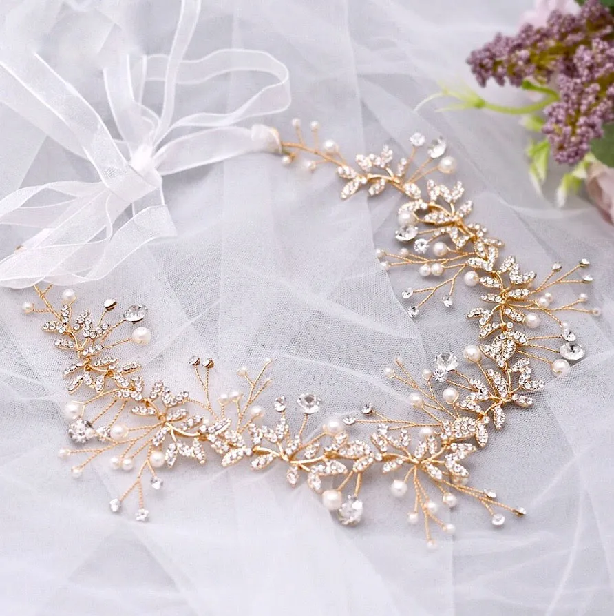 "Adrielle" - Pearl and Crystal Bridal Headband / Vine - Available in Rose Gold, Silver and Yellow Gold