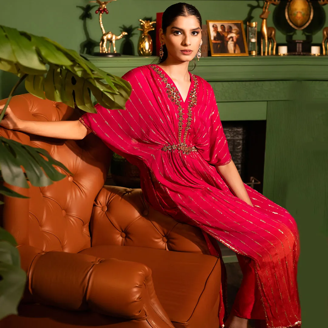 Rani Pink Pleated Long Slit Heavy Work Designer Dress