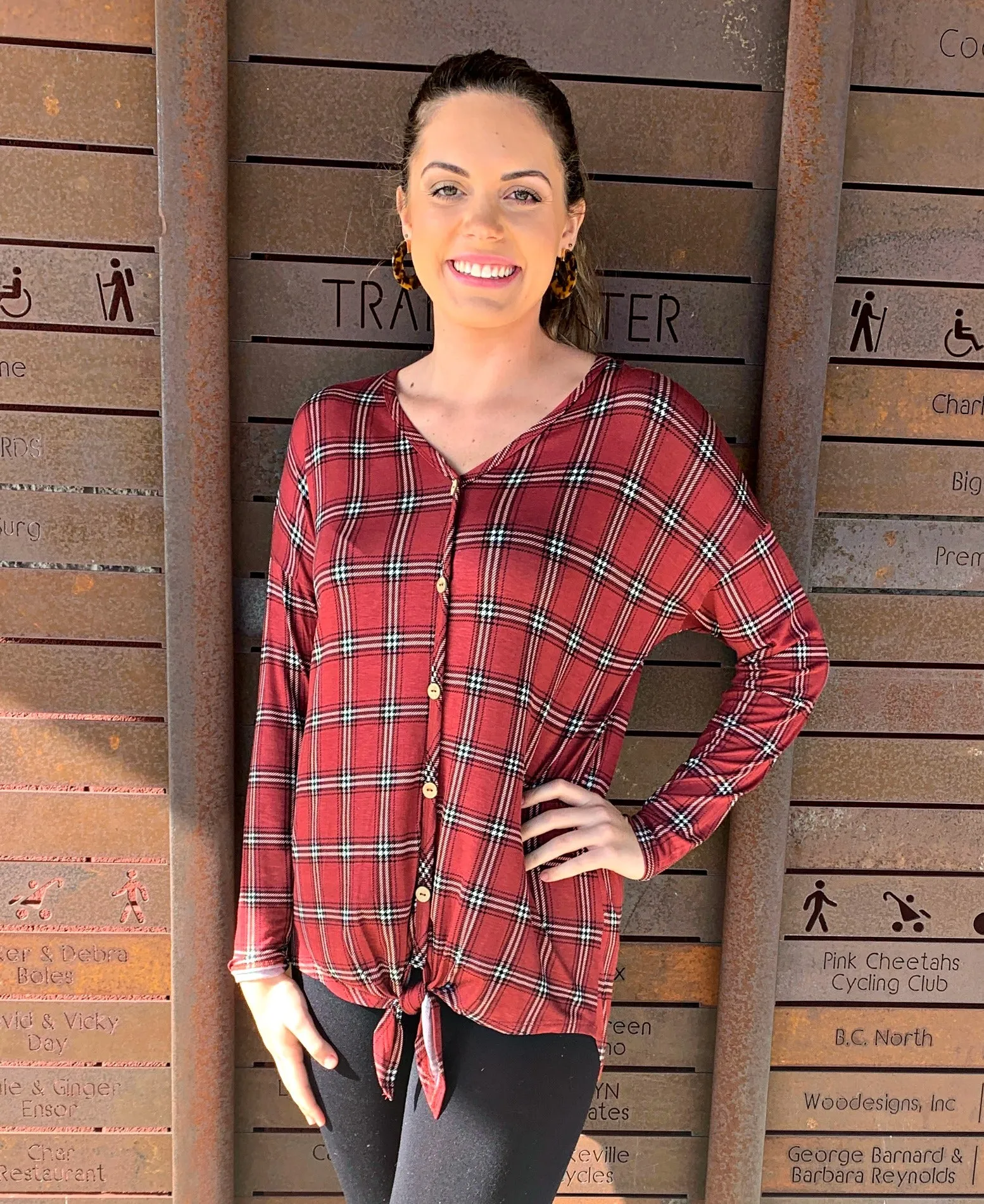 Raspberry Plaid Tie Front Top