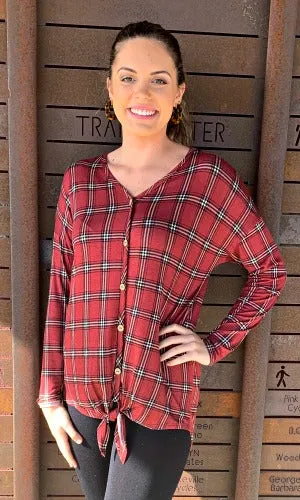 Raspberry Plaid Tie Front Top
